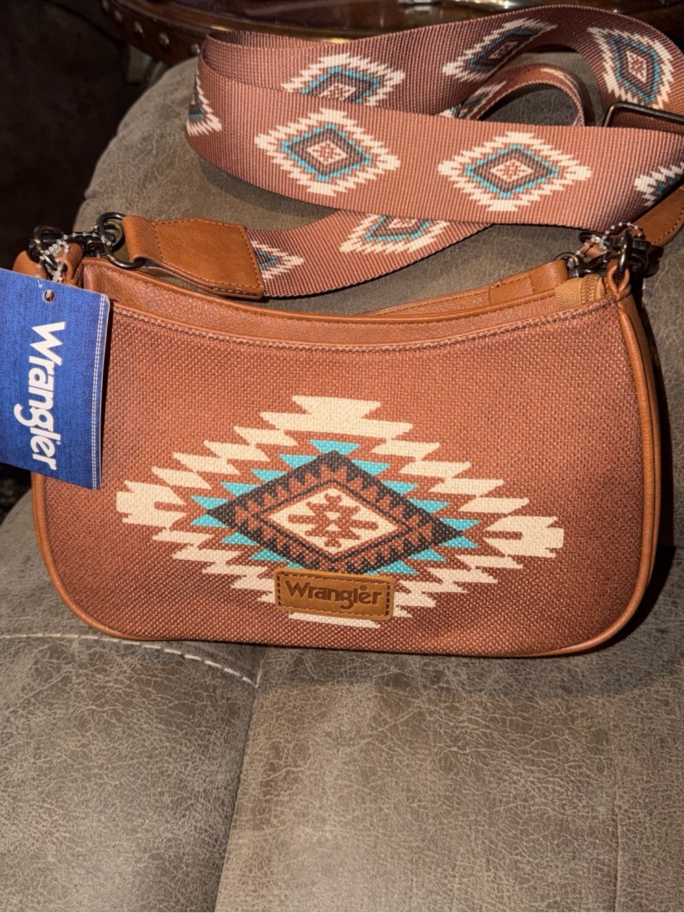 Wrangler Brown Aztec Pattern Crossbody Bag with Turquoise Accents